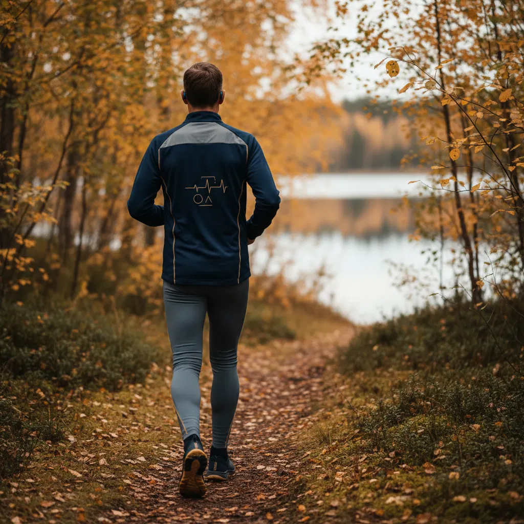 Anonyymi keski-ikäinen mies juoksemassa metsäpolulla Suomessa